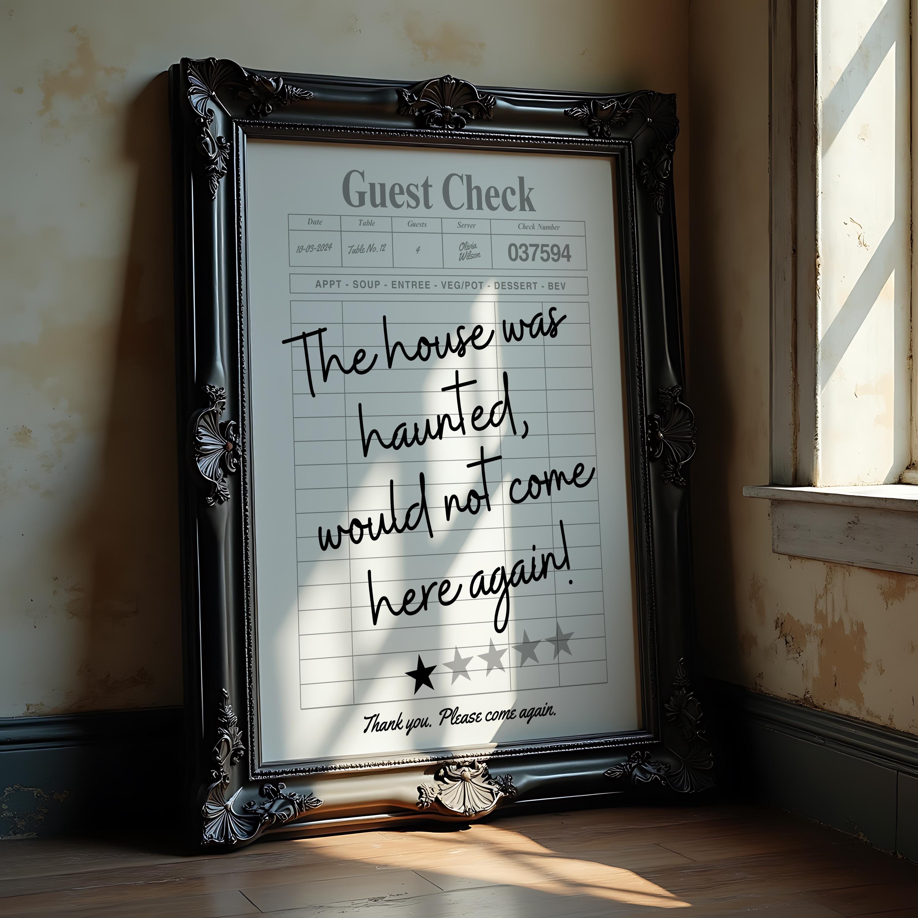 Funny Haunted House Guest Check Print, Spooky Wall Art, 1 Star Review Poster, Trendy Halloween Home Decor, Ghostly Dorm Room Decor, DIGITAL