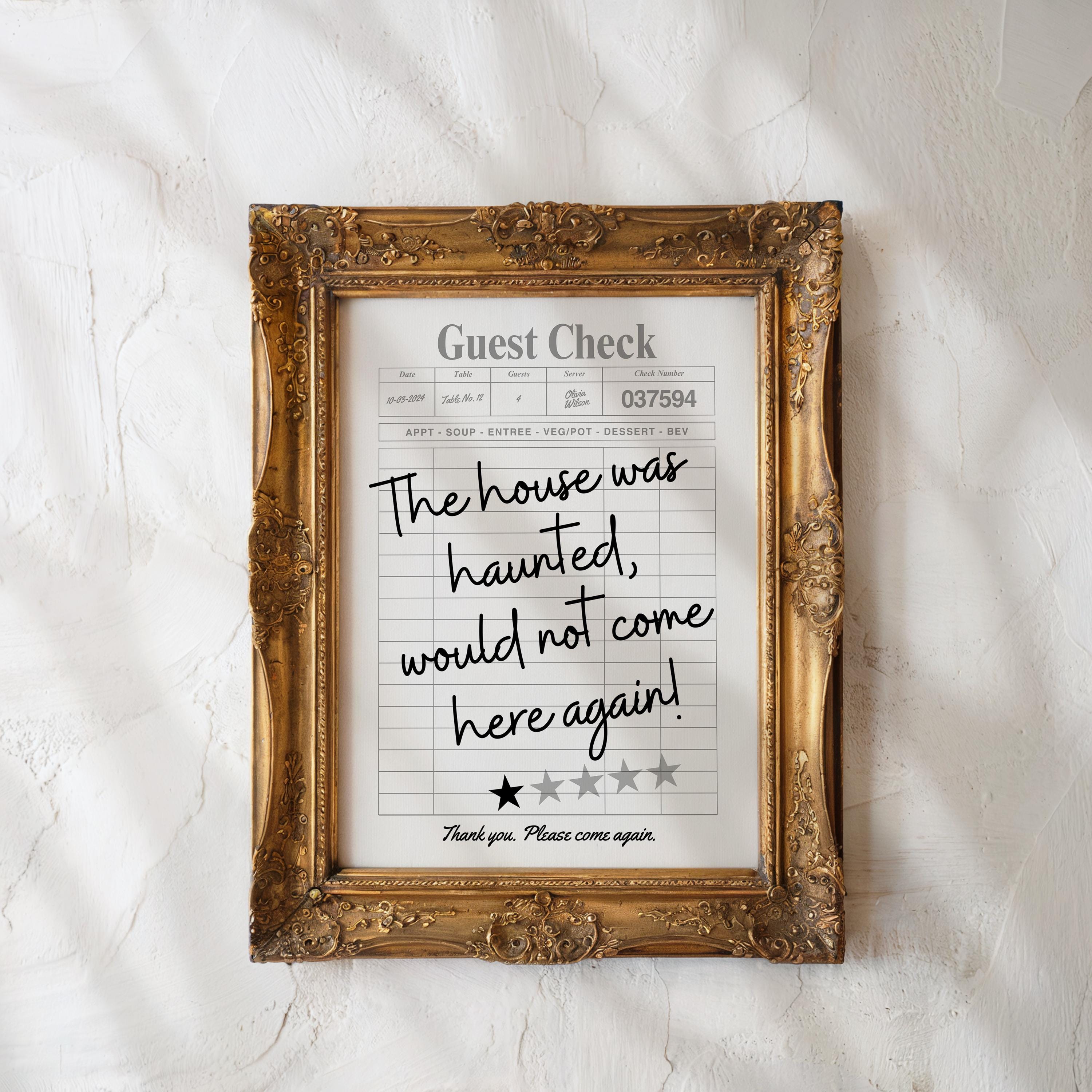 Funny Haunted House Guest Check Print, Spooky Wall Art, 1 Star Review Poster, Trendy Halloween Home Decor, Ghostly Dorm Room Decor, DIGITAL