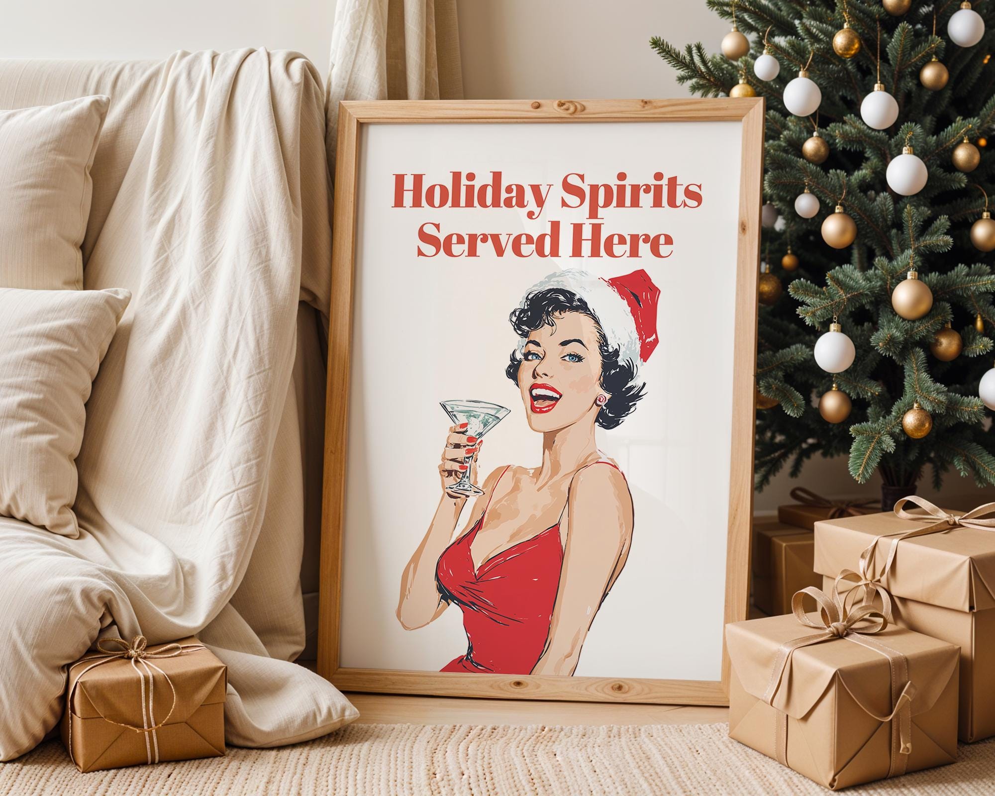 Christmas Wall Art Set of 3, Funny Holiday Prints, Fa La La Poster, Retro Pin Up Christmas Decor, Red Bow Minimalist Xmas Digital Bundle