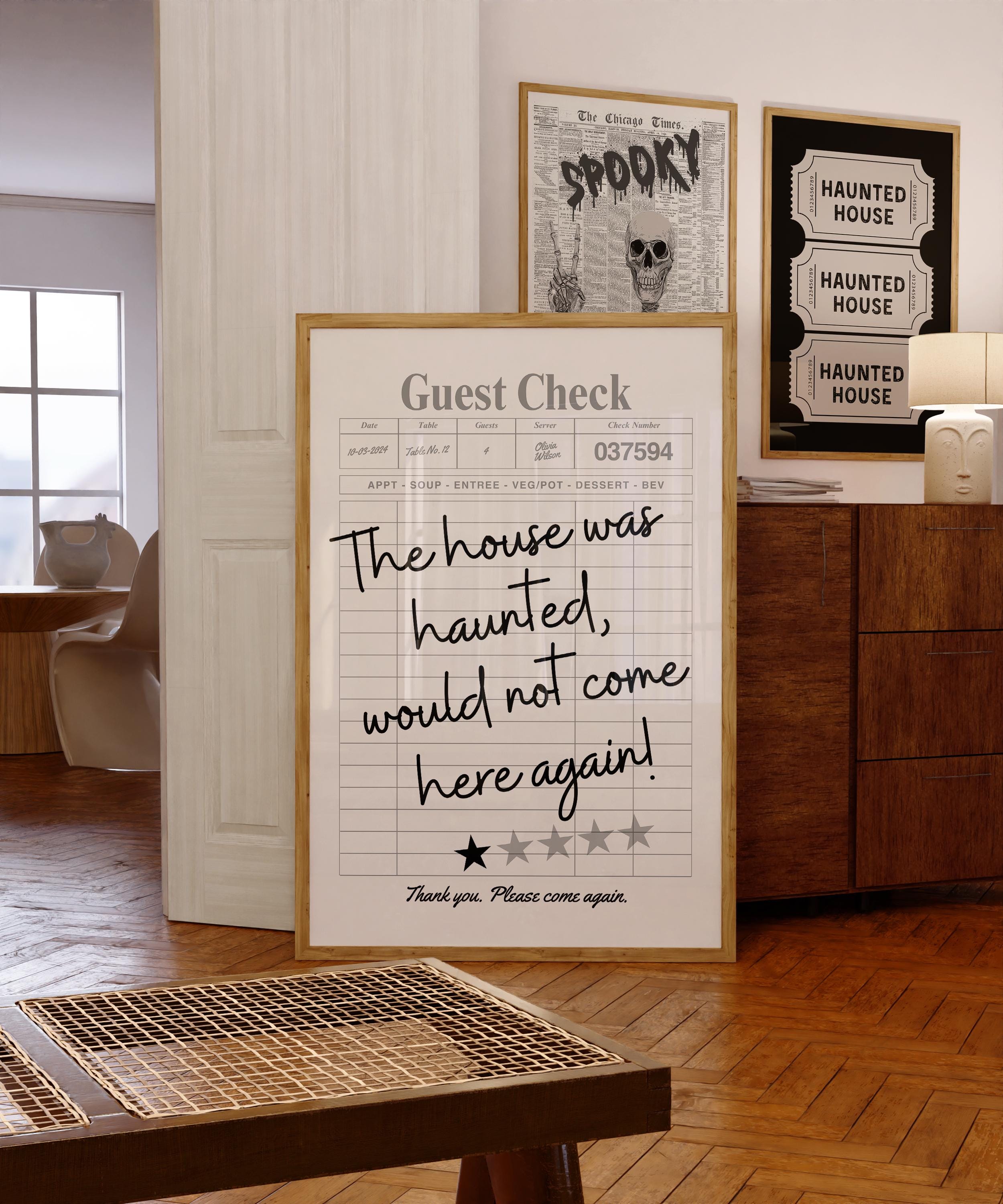 Funny Haunted House Guest Check Print, Spooky Wall Art, 1 Star Review Poster, Trendy Halloween Home Decor, Ghostly Dorm Room Decor, DIGITAL