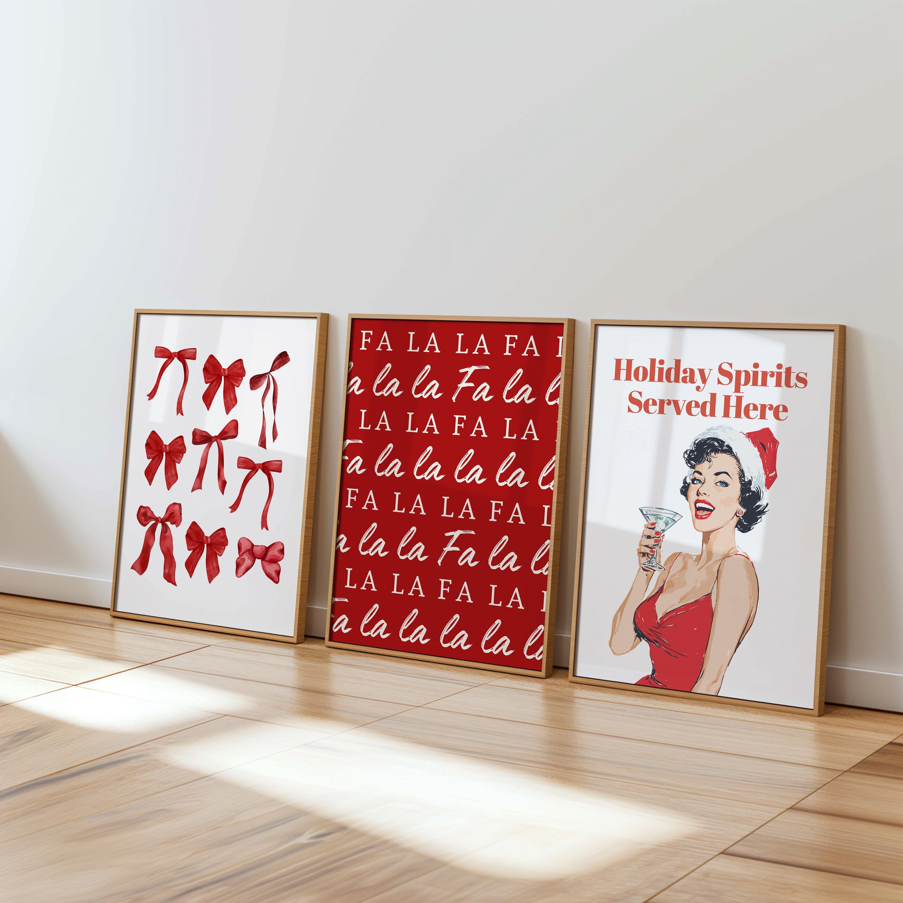 Christmas Wall Art Set of 3, Funny Holiday Prints, Fa La La Poster, Retro Pin Up Christmas Decor, Red Bow Minimalist Xmas Digital Bundle