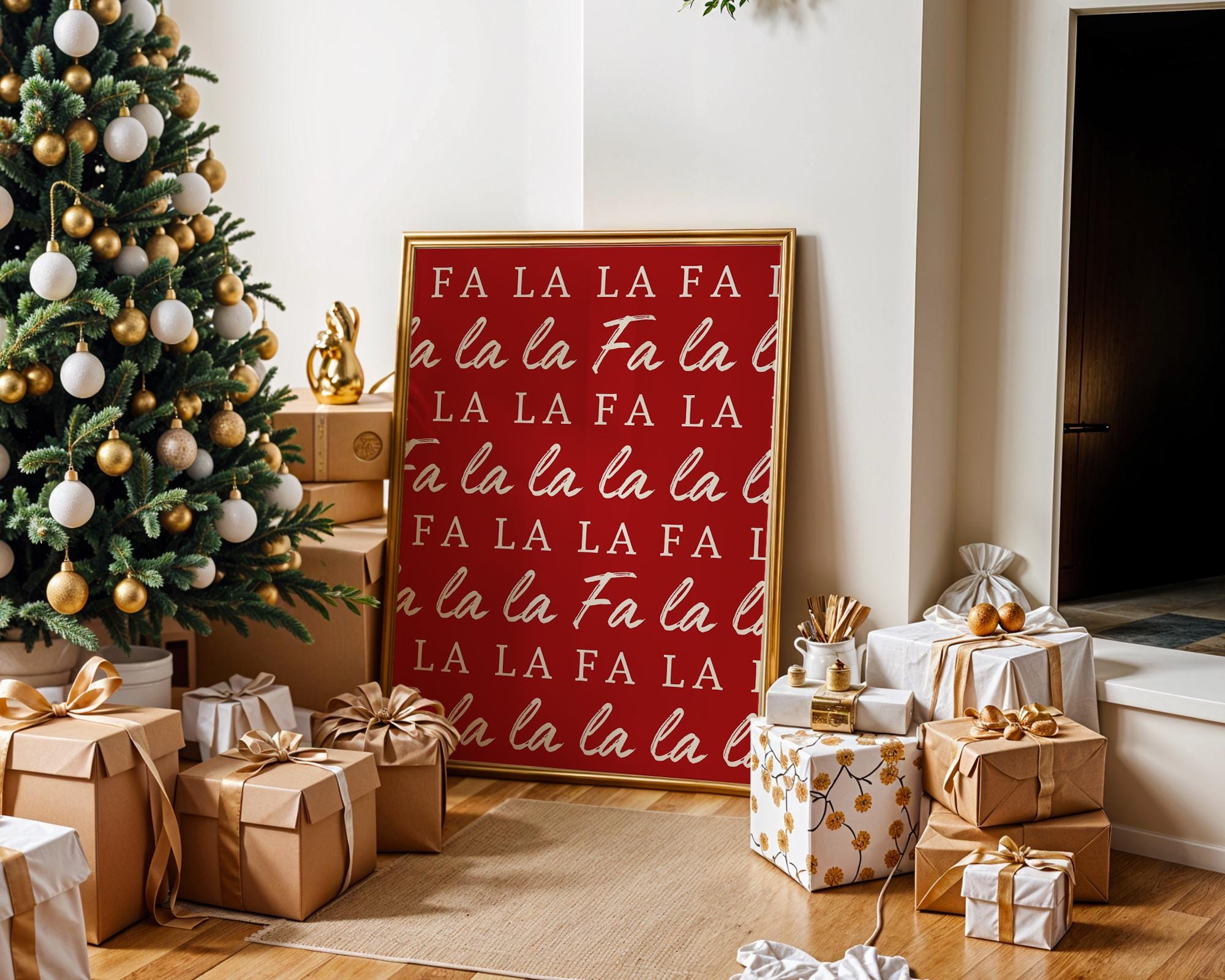 Fa La La Christmas Wall Art, Red Holiday Poster, Funny Xmas Printable Decor, Minimalist Christmas Typography Print, Festive DIGITAL DOWNLOAD