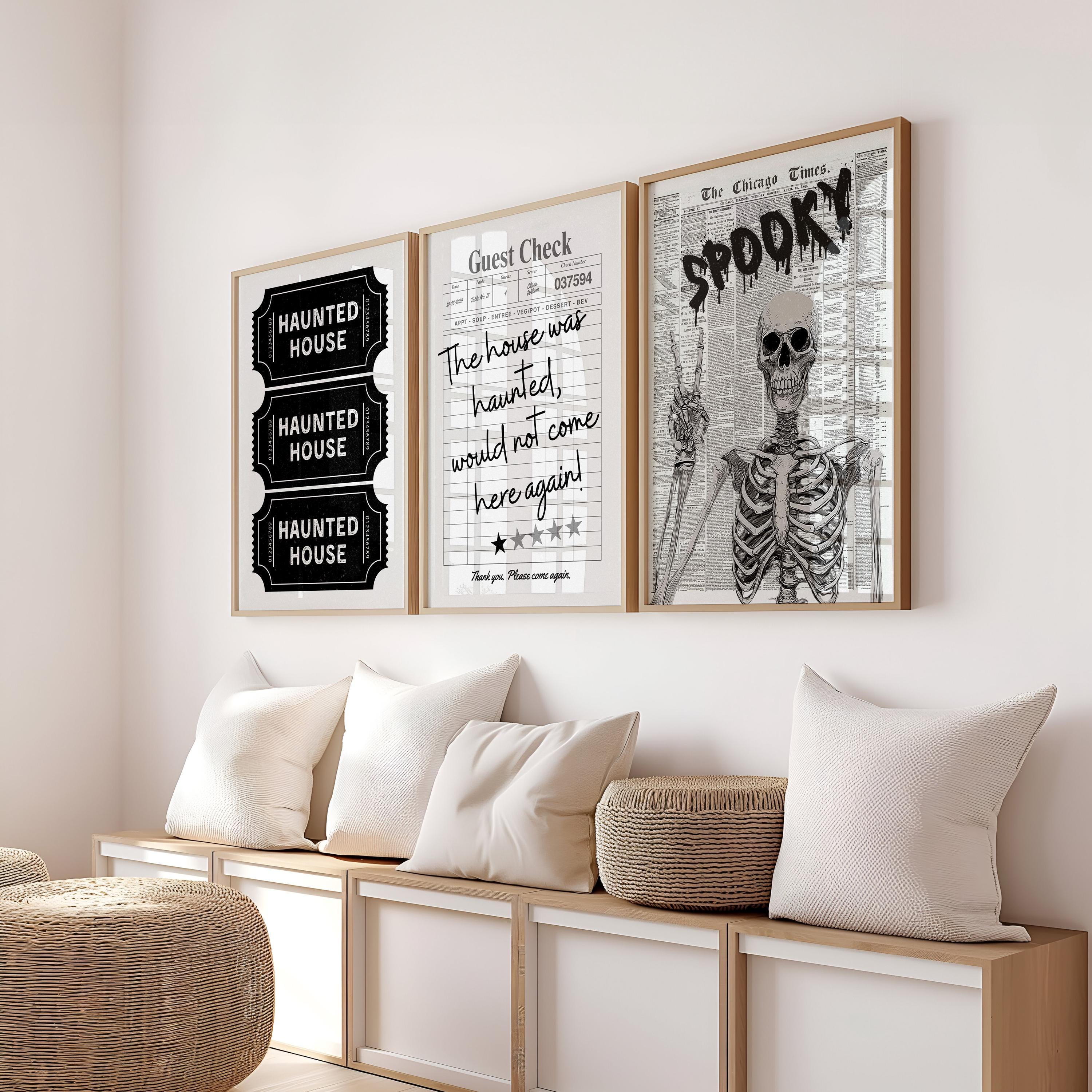 Haunted House Ticket Stub Print, Spooky Newspaper Wall Art, Trendy Guest Check Poster, Skeleton Halloween Decor Gothic Printable Set DIGITAL