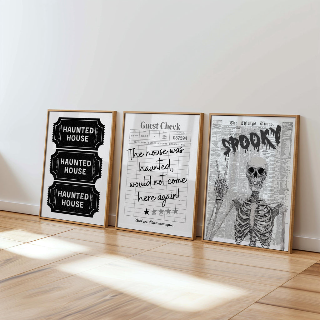 Haunted House Ticket Stub Print, Spooky Newspaper Wall Art, Trendy Guest Check Poster, Skeleton Halloween Decor Gothic Printable Set DIGITAL