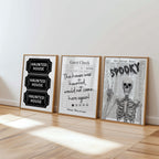 Haunted House Ticket Stub Print, Spooky Newspaper Wall Art, Trendy Guest Check Poster, Skeleton Halloween Decor Gothic Printable Set DIGITAL