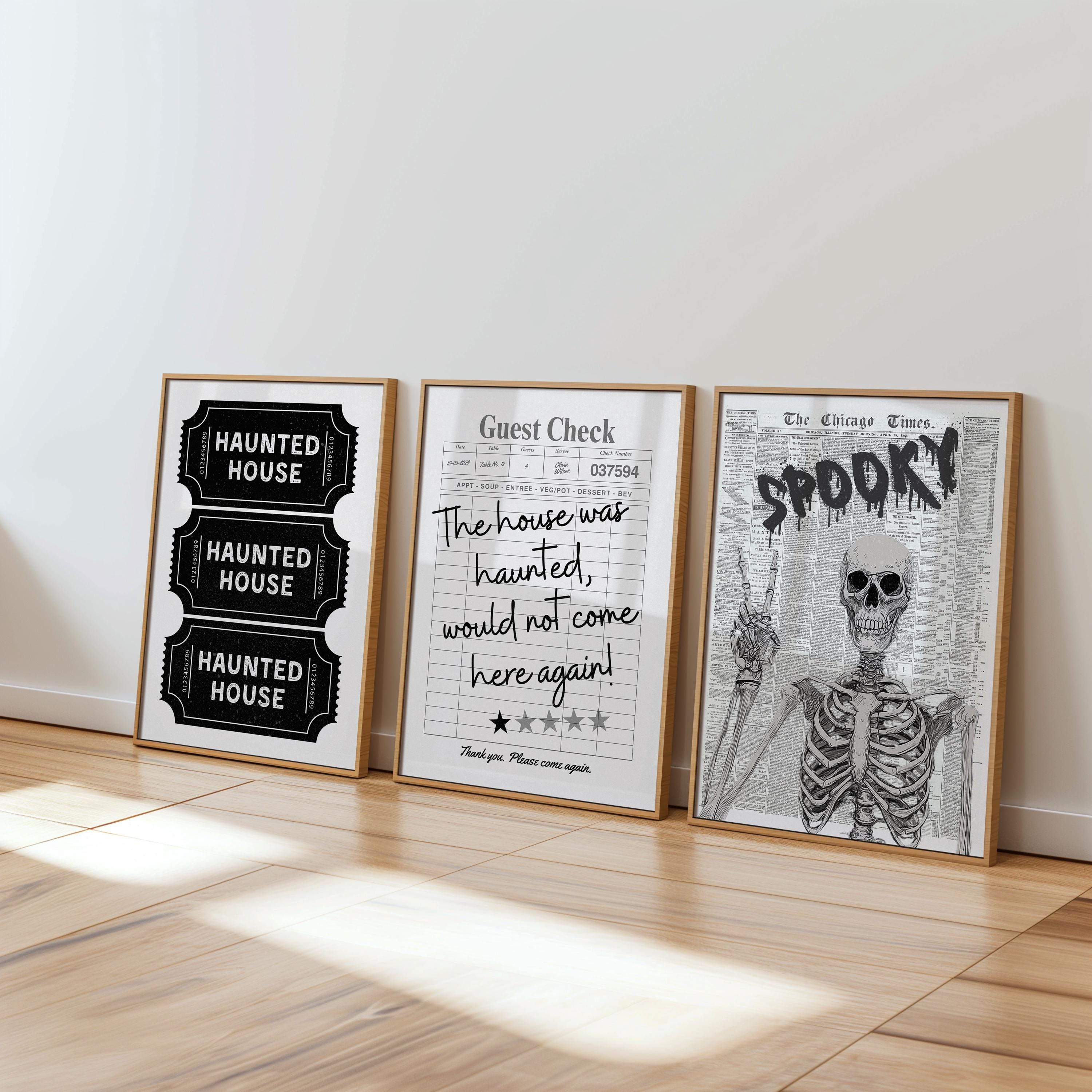 Haunted House Ticket Stub Print, Spooky Newspaper Wall Art, Trendy Guest Check Poster, Skeleton Halloween Decor Gothic Printable Set DIGITAL