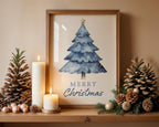 Blue Merry Christmas Wall Art, Winter Holiday Poster, Neutral Xmas Printable, Modern Festive Wall Decor, Minimalist Christmas Digital