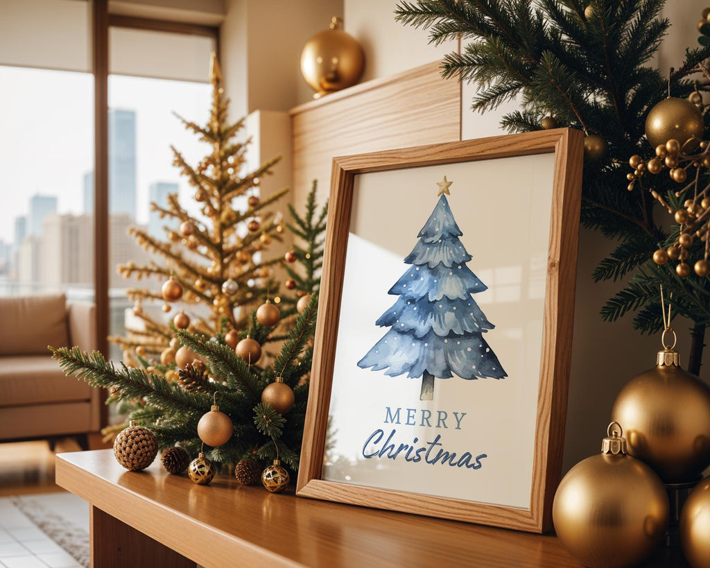 Blue Merry Christmas Wall Art, Winter Holiday Poster, Neutral Xmas Printable, Modern Festive Wall Decor, Minimalist Christmas Digital