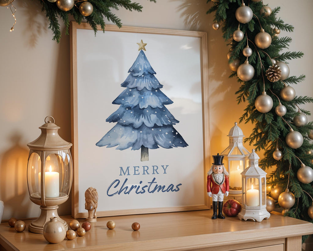 Blue Merry Christmas Wall Art, Winter Holiday Poster, Neutral Xmas Printable, Modern Festive Wall Decor, Minimalist Christmas Digital