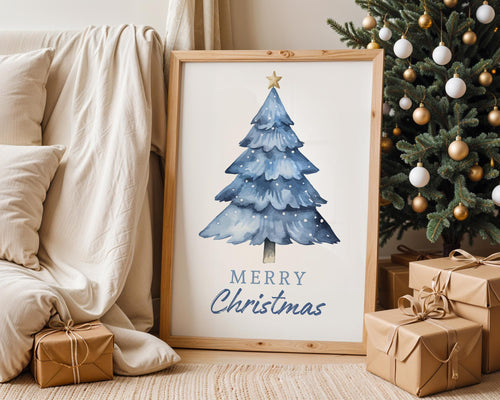 Blue Merry Christmas Wall Art, Winter Holiday Poster, Neutral Xmas Printable, Modern Festive Wall Decor, Minimalist Christmas Digital