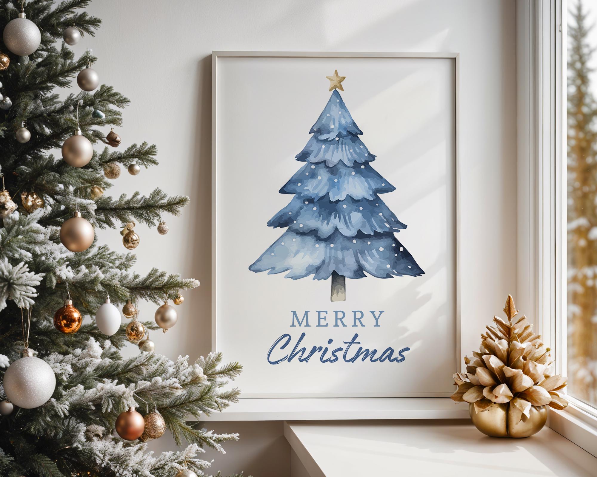 Blue Merry Christmas Wall Art, Winter Holiday Poster, Neutral Xmas Printable, Modern Festive Wall Decor, Minimalist Christmas Digital