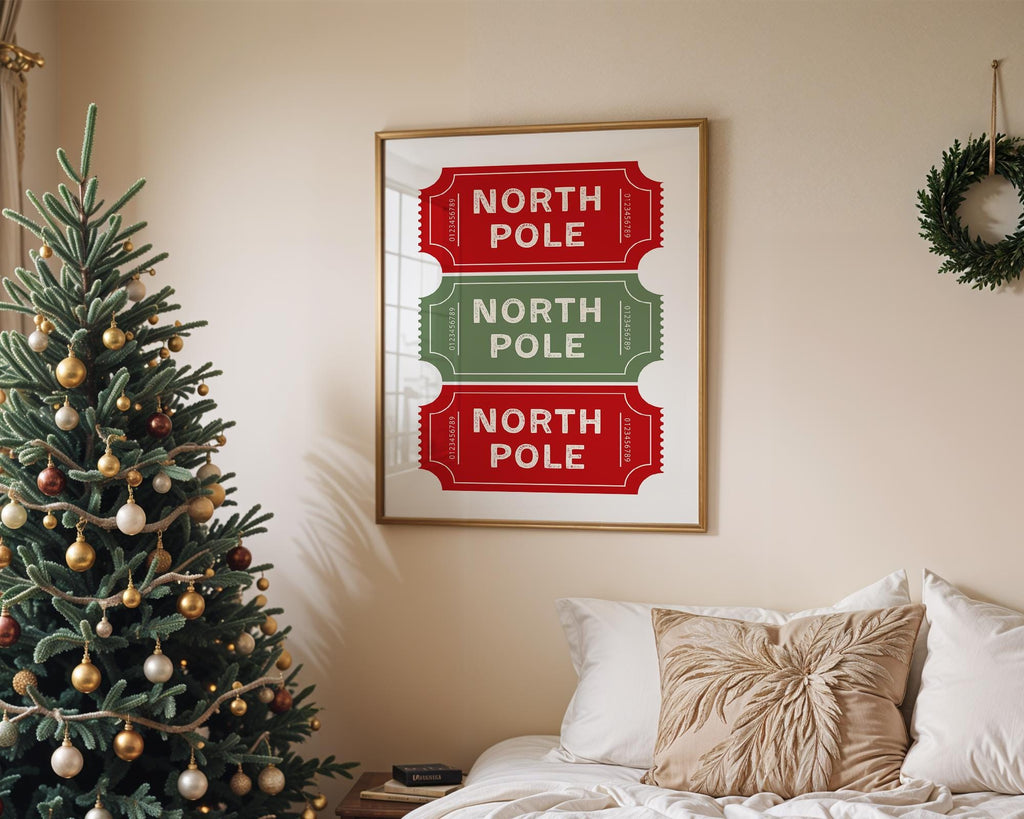 North Pole Ticket Christmas Wall Art, Holiday Stub Poster, Vintage Xmas Printable, Festive Coupon Style Decor, Red Green Christmas Digital