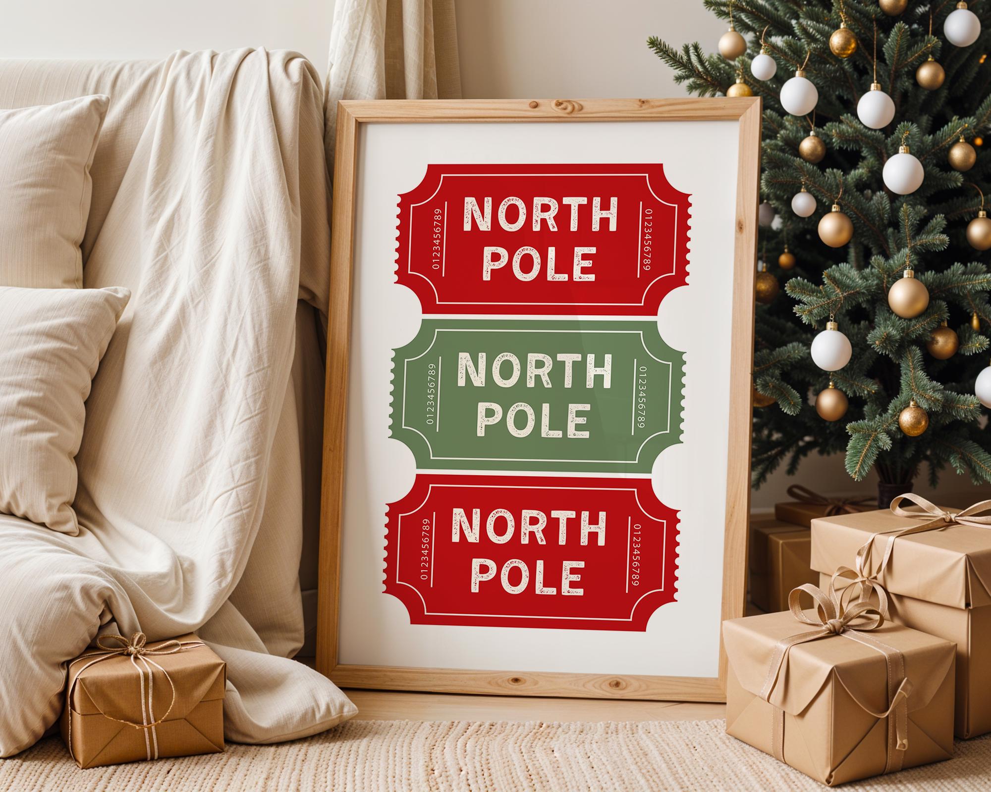 North Pole Ticket Christmas Wall Art, Holiday Stub Poster, Vintage Xmas Printable, Festive Coupon Style Decor, Red Green Christmas Digital
