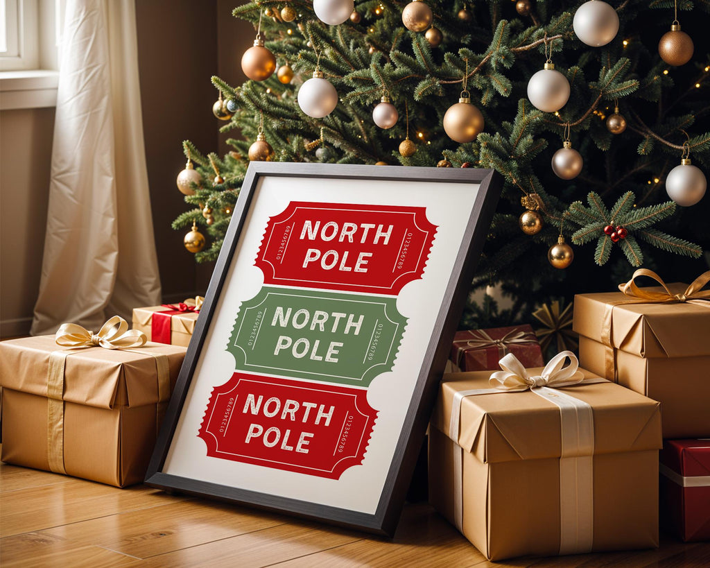 North Pole Ticket Christmas Wall Art, Holiday Stub Poster, Vintage Xmas Printable, Festive Coupon Style Decor, Red Green Christmas Digital