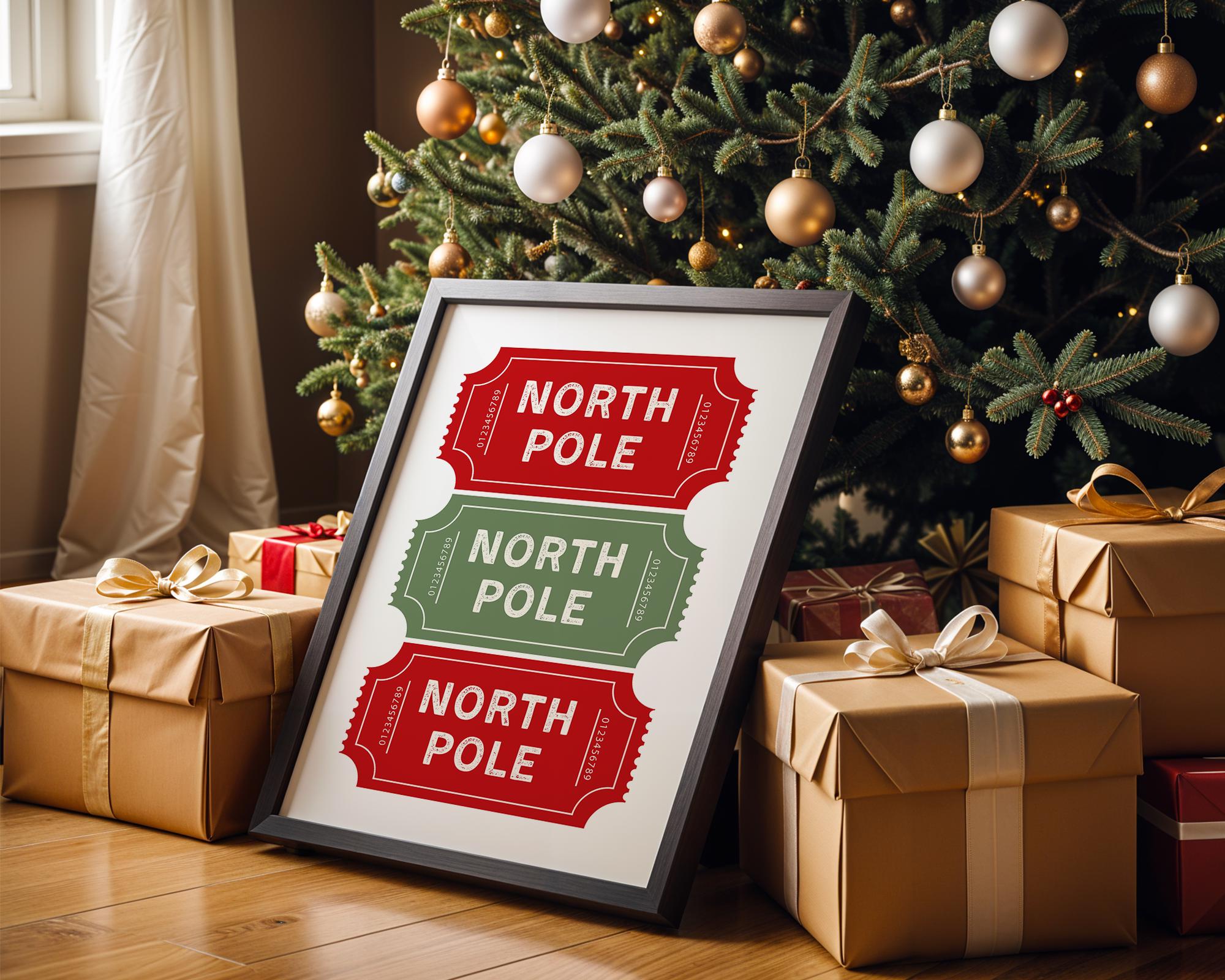 North Pole Ticket Christmas Wall Art, Holiday Stub Poster, Vintage Xmas Printable, Festive Coupon Style Decor, Red Green Christmas Digital