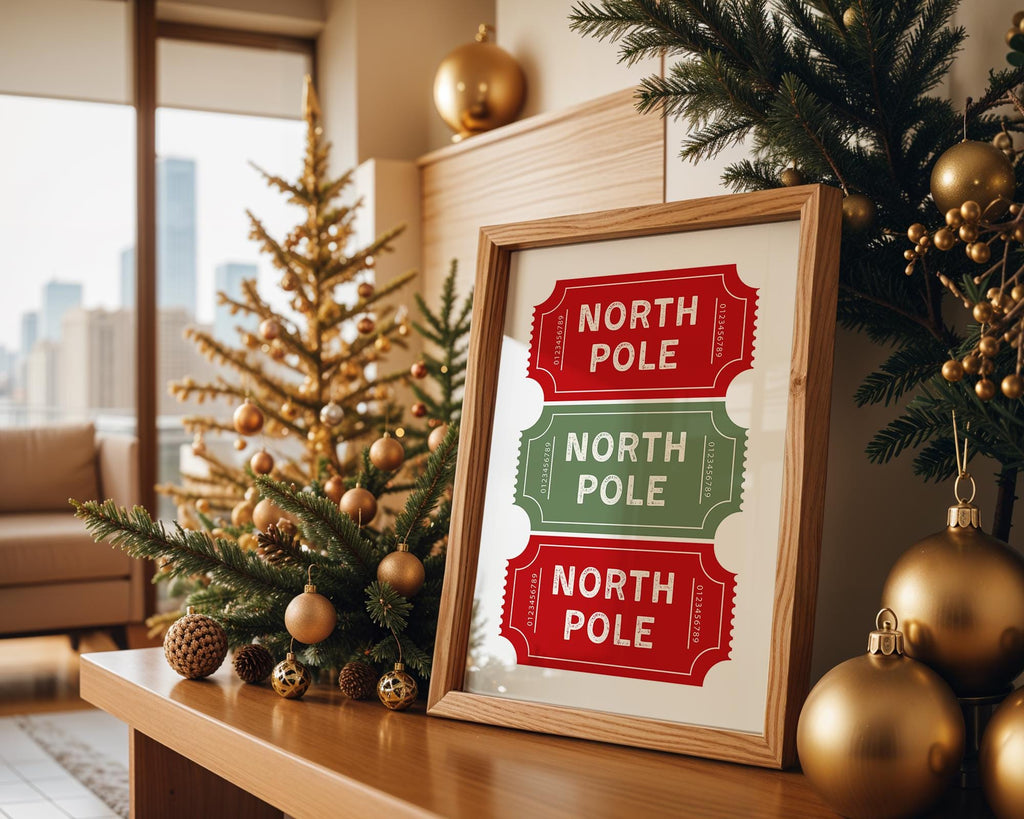 North Pole Ticket Christmas Wall Art, Holiday Stub Poster, Vintage Xmas Printable, Festive Coupon Style Decor, Red Green Christmas Digital