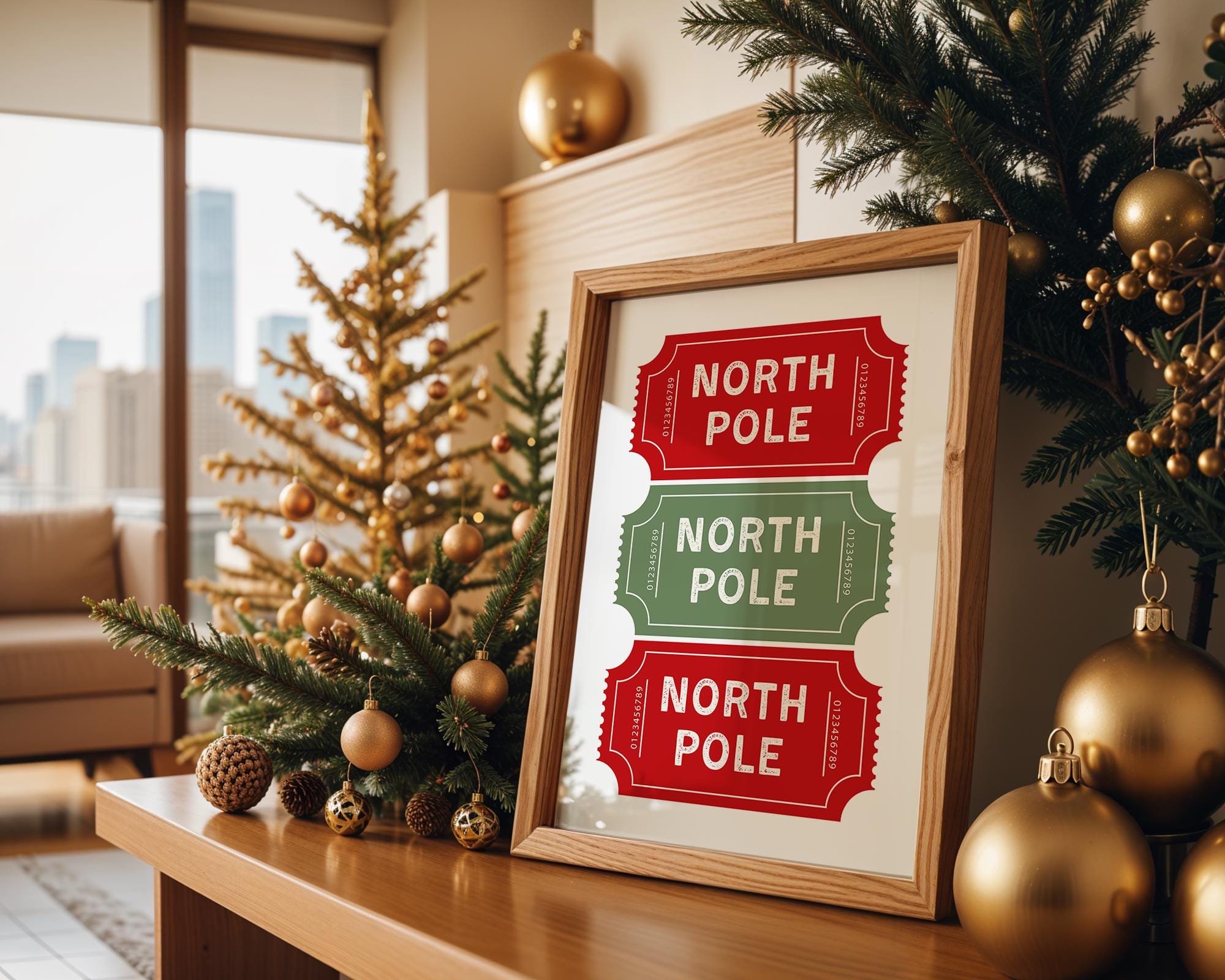 North Pole Ticket Christmas Wall Art, Holiday Stub Poster, Vintage Xmas Printable, Festive Coupon Style Decor, Red Green Christmas Digital