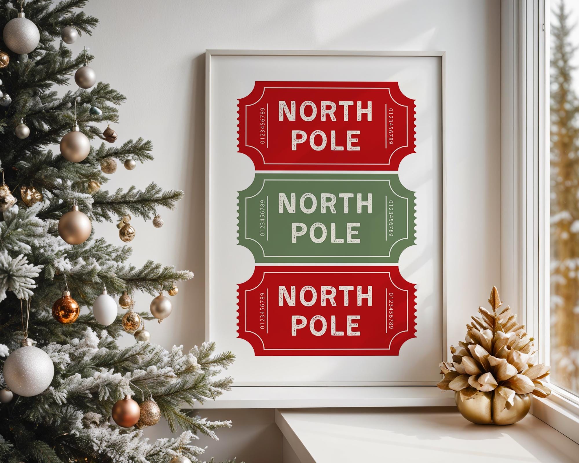North Pole Ticket Christmas Wall Art, Holiday Stub Poster, Vintage Xmas Printable, Festive Coupon Style Decor, Red Green Christmas Digital