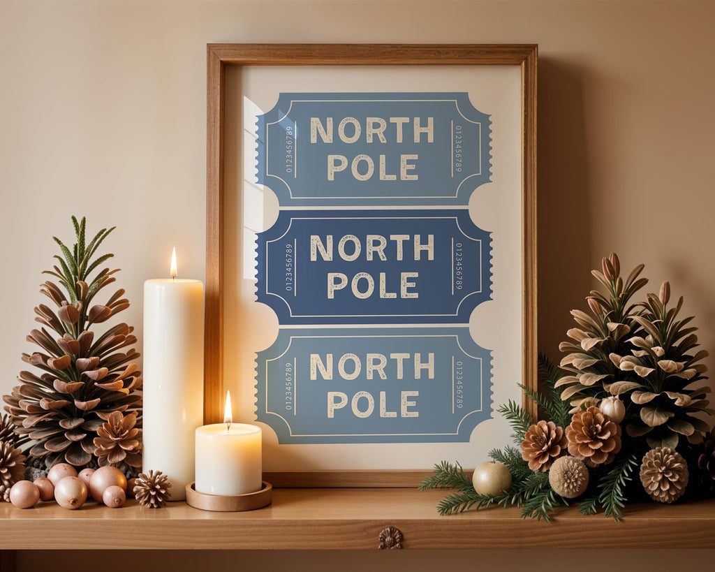 Blue North Pole Ticket Christmas Wall Art, Winter Holiday Stub Poster, Festive Xmas Coupon Print, Neutral Christmas Decor, Digital Download