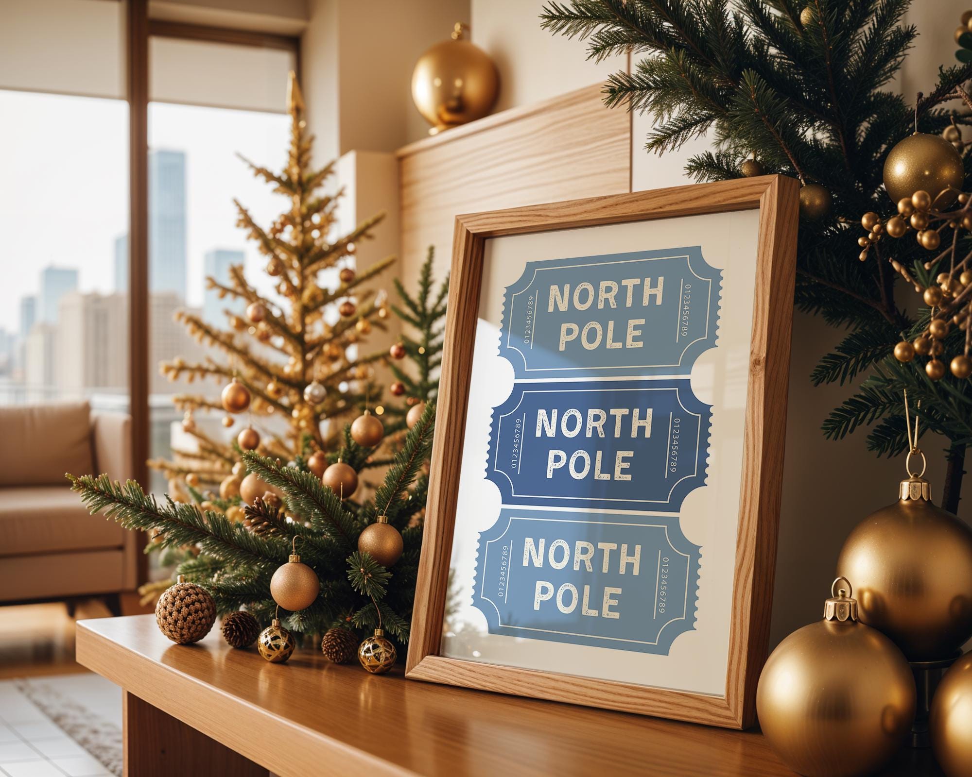 Blue North Pole Ticket Christmas Wall Art, Winter Holiday Stub Poster, Festive Xmas Coupon Print, Neutral Christmas Decor, Digital Download