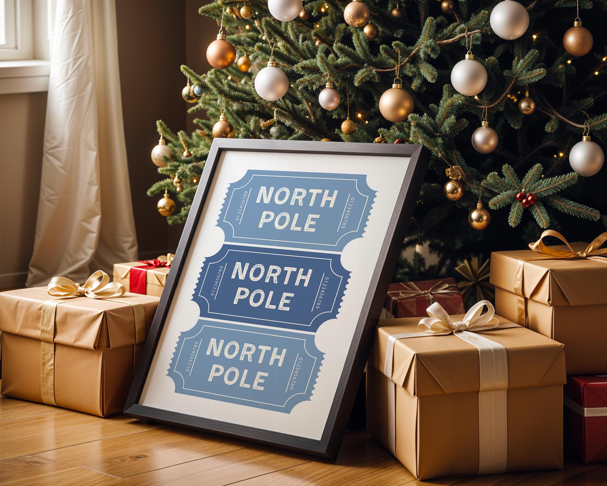 Blue North Pole Ticket Christmas Wall Art, Winter Holiday Stub Poster, Festive Xmas Coupon Print, Neutral Christmas Decor, Digital Download