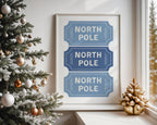 Blue North Pole Ticket Christmas Wall Art, Winter Holiday Stub Poster, Festive Xmas Coupon Print, Neutral Christmas Decor, Digital Download