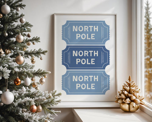 Blue North Pole Ticket Christmas Wall Art, Winter Holiday Stub Poster, Festive Xmas Coupon Print, Neutral Christmas Decor, Digital Download