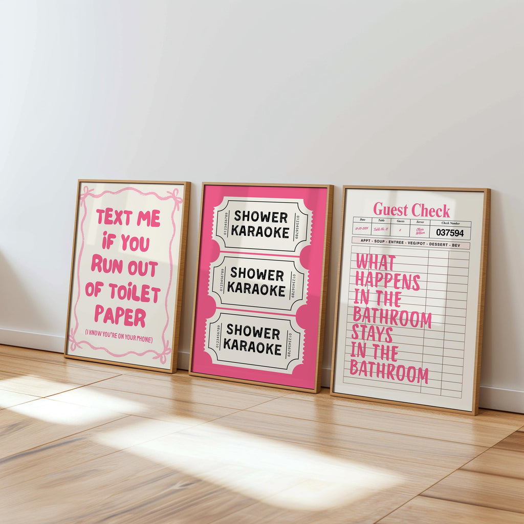 Funny Bathroom Wall Art Set of 6, Pink Restroom Prints, Quirky Toilet Posters, Cute Bathroom Decor, Playful Shower Karaoke Printable Bundle