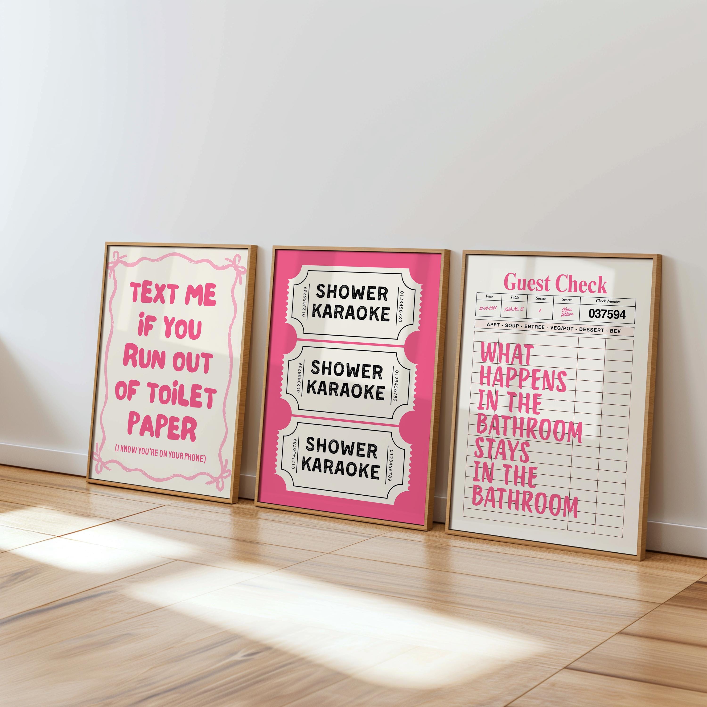 Funny Bathroom Wall Art Set of 6, Pink Restroom Prints, Quirky Toilet Posters, Cute Bathroom Decor, Playful Shower Karaoke Printable Bundle