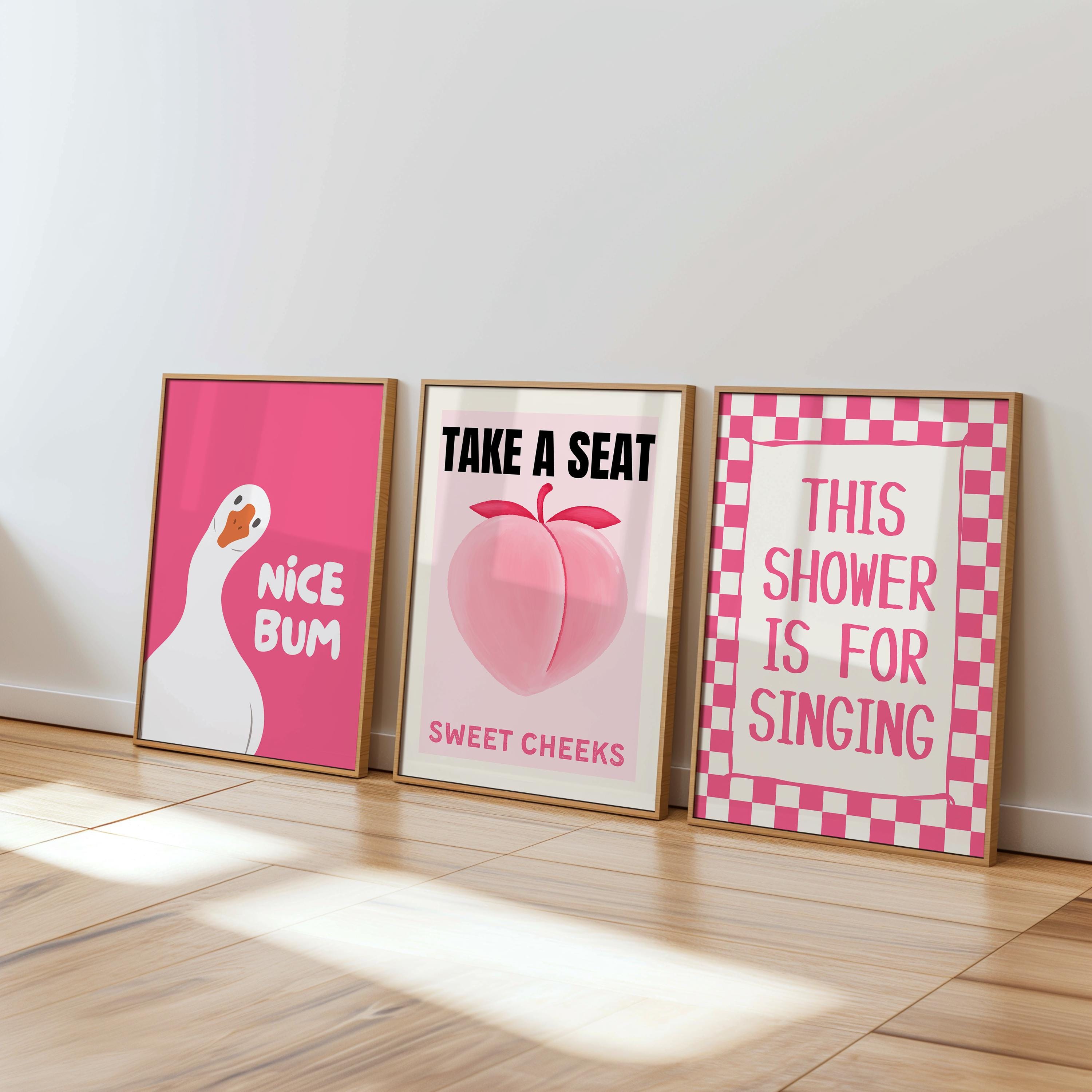 Funny Bathroom Wall Art Set of 6, Pink Restroom Prints, Quirky Toilet Posters, Cute Bathroom Decor, Playful Shower Karaoke Printable Bundle