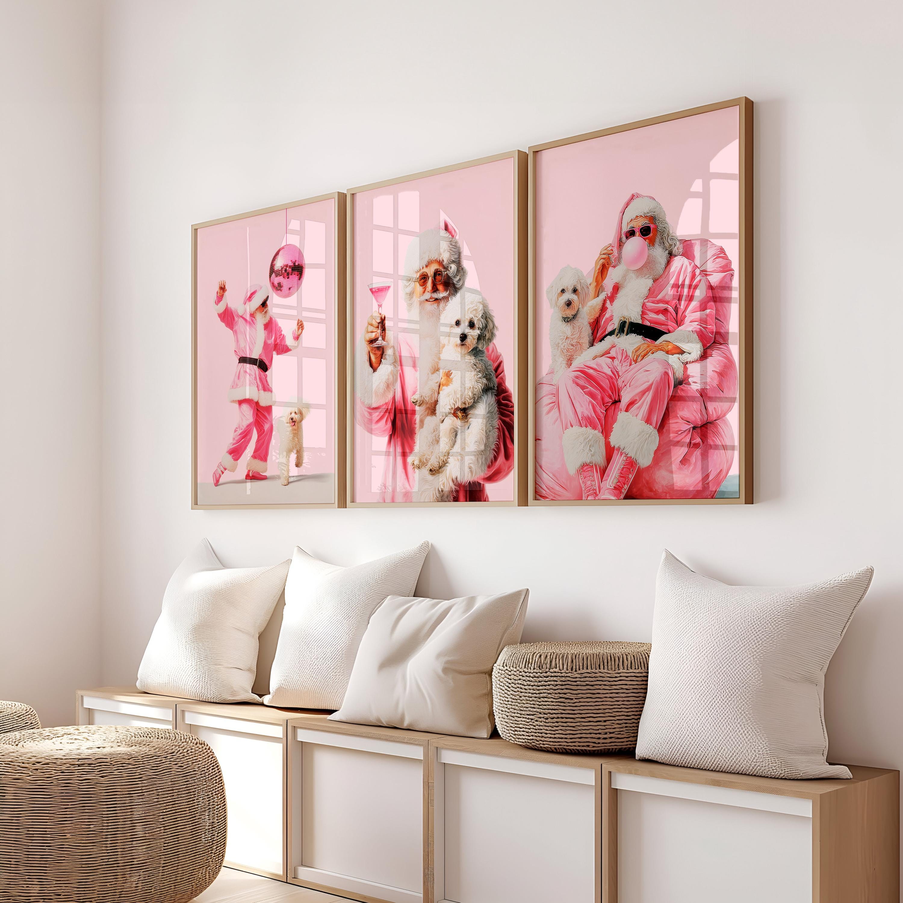 Funny Pink Santa Wall Art Set of 3, Cool Christmas Posters, Trendy Holiday Decor, Cute Dog Santa Print, Dorm Room Christmas Bundle DIGITAL