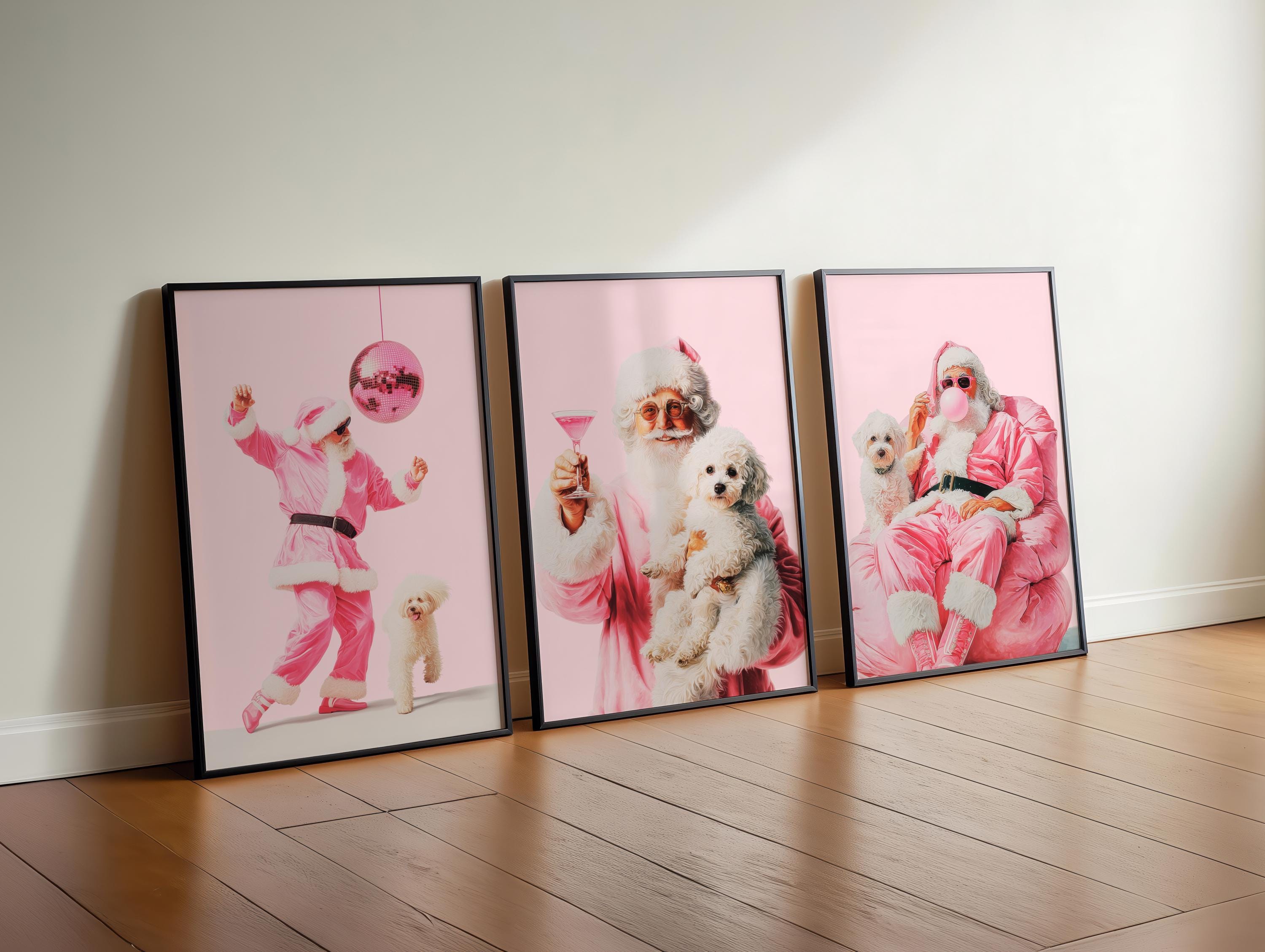 Funny Pink Santa Wall Art Set of 3, Cool Christmas Posters, Trendy Holiday Decor, Cute Dog Santa Print, Dorm Room Christmas Bundle DIGITAL