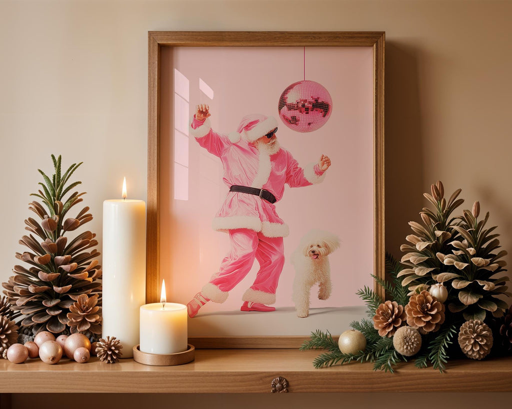 Funny Pink Santa Wall Art, Disco Christmas Poster, Cool Holiday Printable, Cute Dog Santa Print, Trendy Dorm Room Xmas Decor DIGITAL