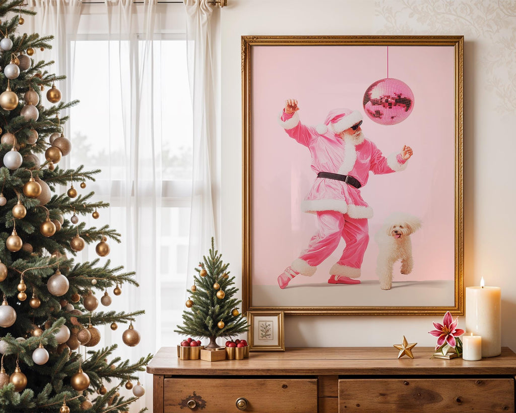 Funny Pink Santa Wall Art, Disco Christmas Poster, Cool Holiday Printable, Cute Dog Santa Print, Trendy Dorm Room Xmas Decor DIGITAL