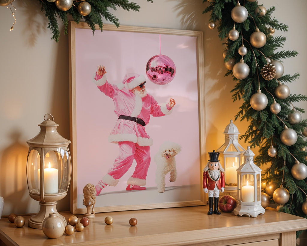 Funny Pink Santa Wall Art, Disco Christmas Poster, Cool Holiday Printable, Cute Dog Santa Print, Trendy Dorm Room Xmas Decor DIGITAL