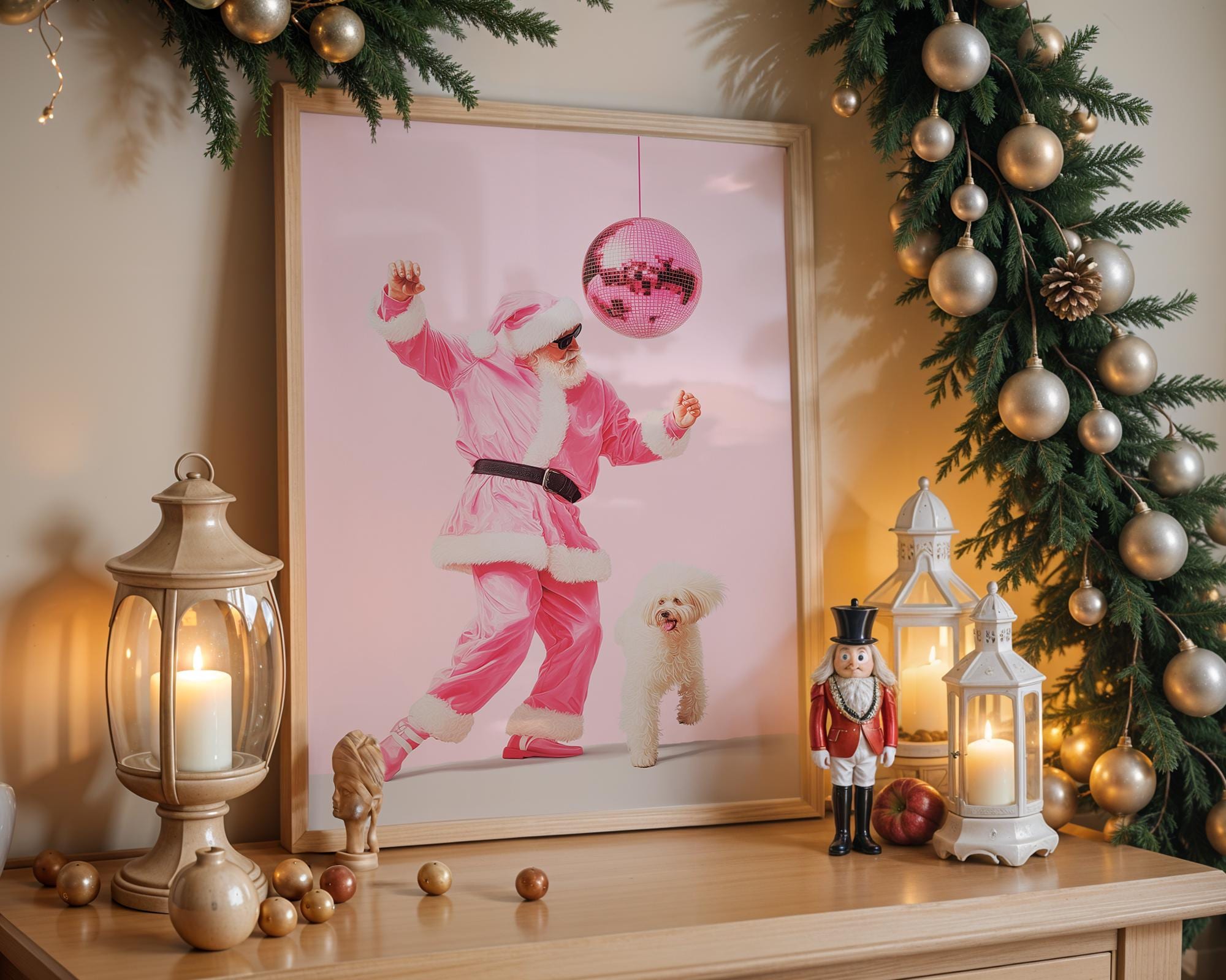 Funny Pink Santa Wall Art, Disco Christmas Poster, Cool Holiday Printable, Cute Dog Santa Print, Trendy Dorm Room Xmas Decor DIGITAL