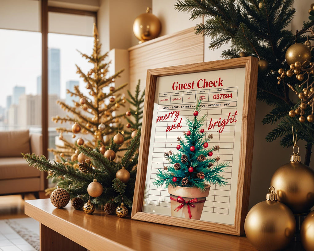 Retro Christmas Wall Art, Guest Check Holiday Print, Vintage Xmas Tree Poster, Merry and Bright Kitchen Decor Festive Home Printable DIGITAL