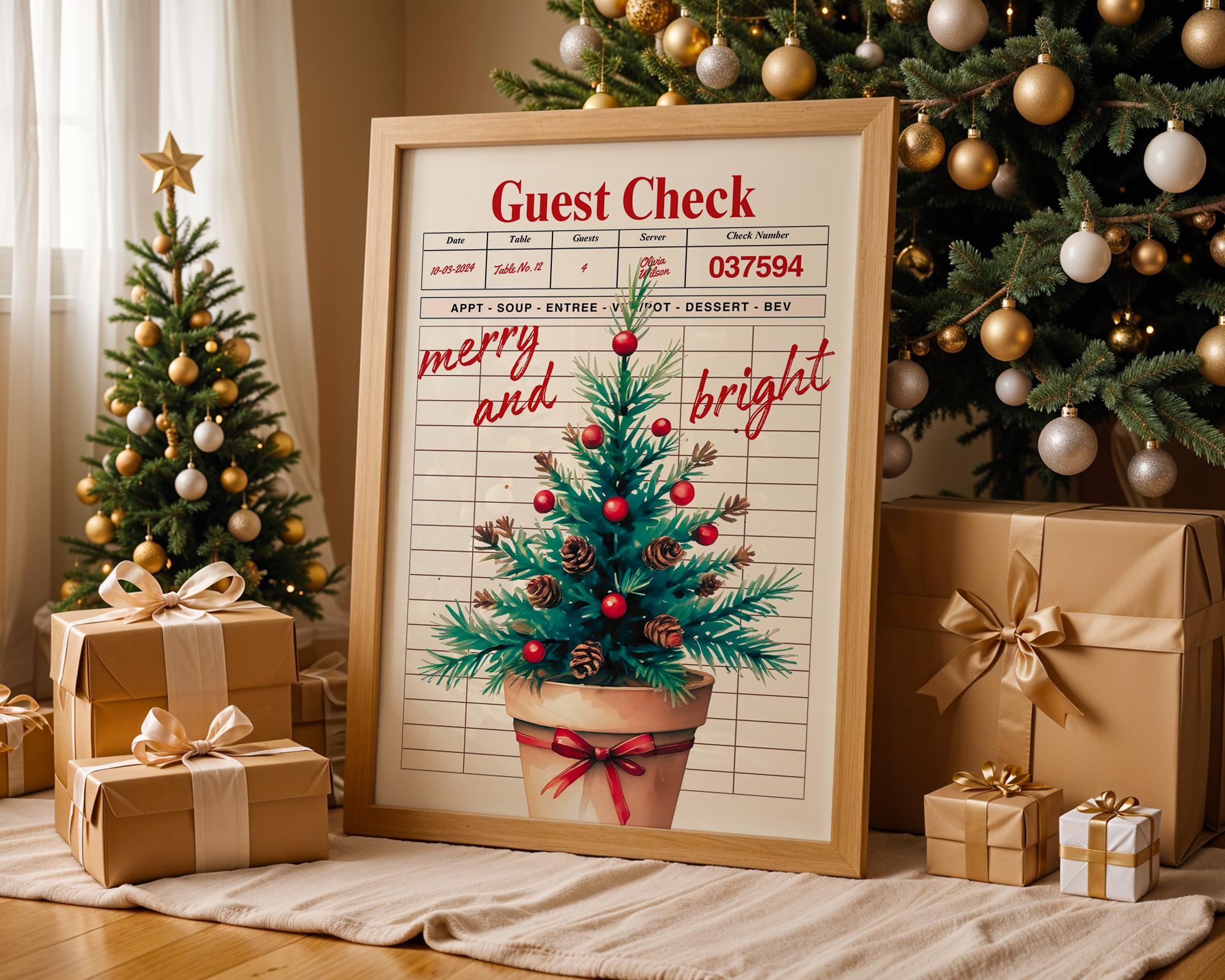 Retro Christmas Wall Art, Guest Check Holiday Print, Vintage Xmas Tree Poster, Merry and Bright Kitchen Decor Festive Home Printable DIGITAL