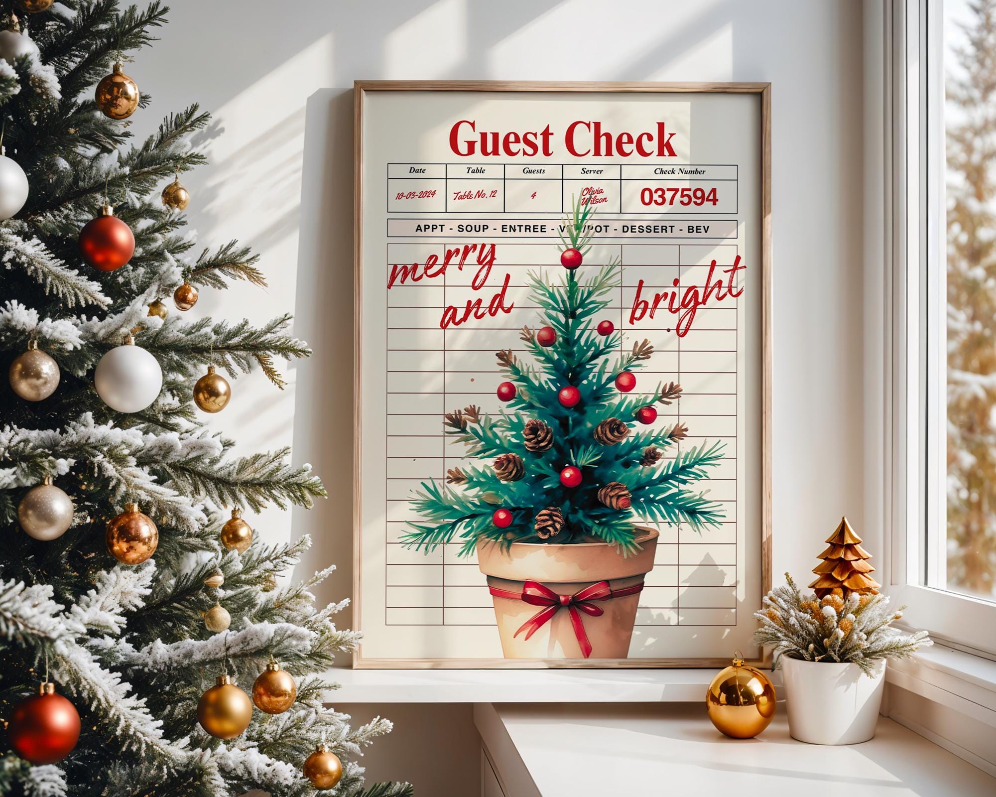 Retro Christmas Wall Art, Guest Check Holiday Print, Vintage Xmas Tree Poster, Merry and Bright Kitchen Decor Festive Home Printable DIGITAL