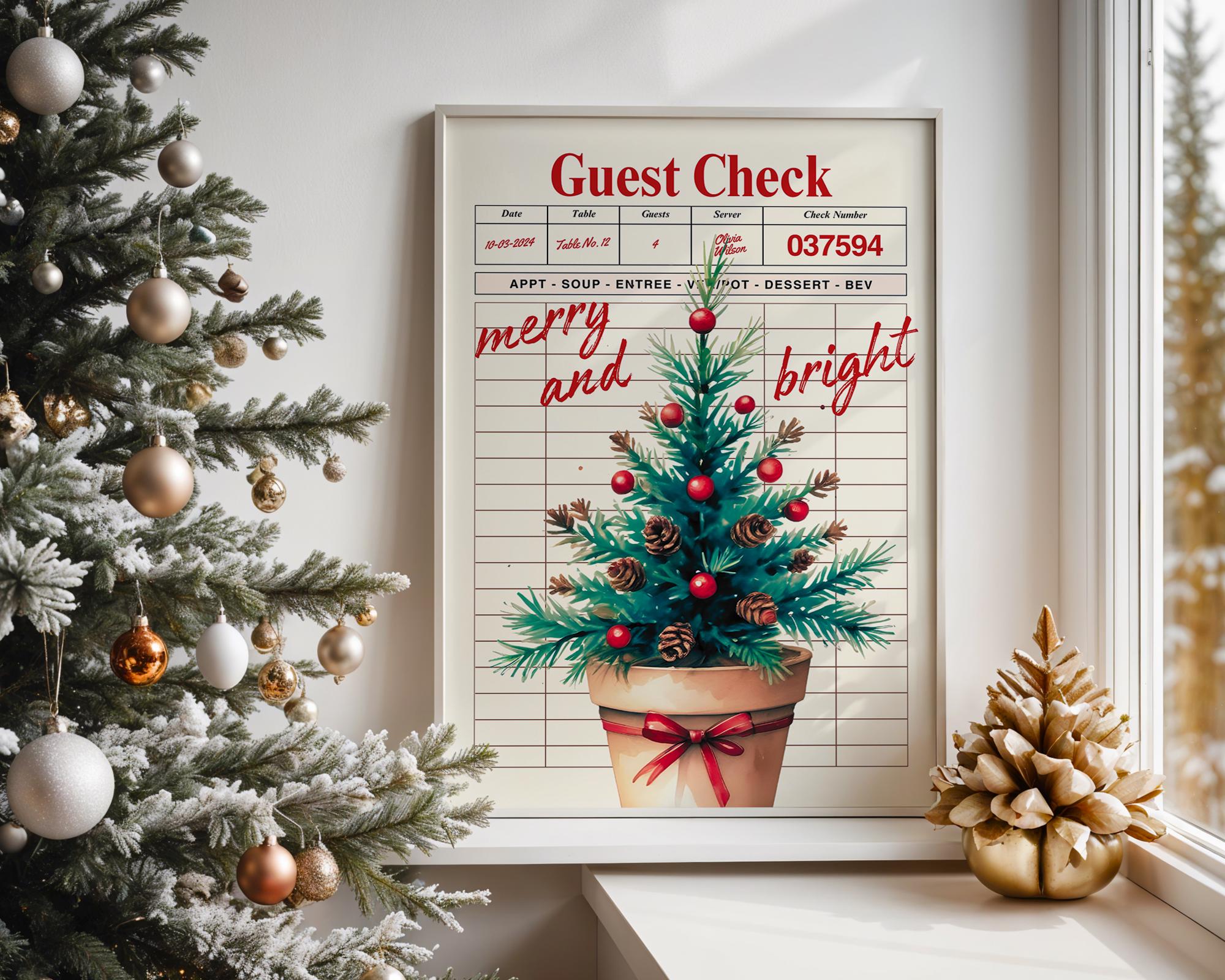 Retro Christmas Wall Art, Guest Check Holiday Print, Vintage Xmas Tree Poster, Merry and Bright Kitchen Decor Festive Home Printable DIGITAL
