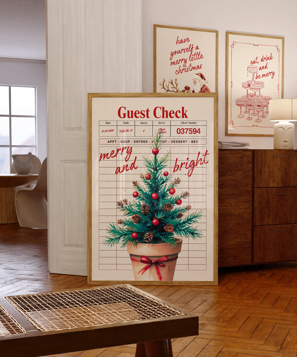 Retro Christmas Wall Art, Guest Check Holiday Print, Vintage Xmas Tree Poster, Merry and Bright Kitchen Decor Festive Home Printable DIGITAL