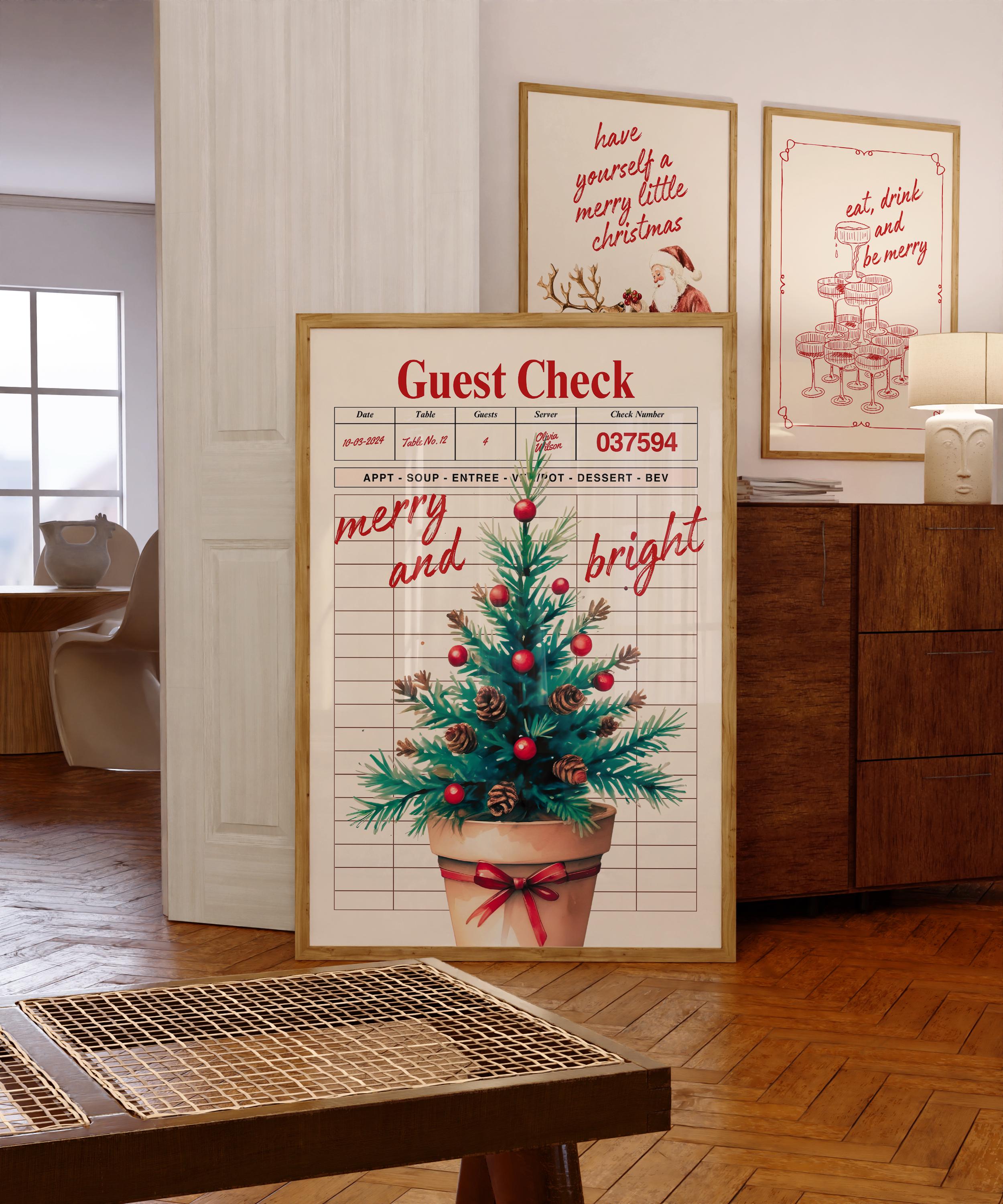 Retro Christmas Wall Art, Guest Check Holiday Print, Vintage Xmas Tree Poster, Merry and Bright Kitchen Decor Festive Home Printable DIGITAL