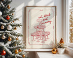 Eat Drink and Be Merry Wall Art, Retro Holiday Poster, Vintage Champagne Tower Print, Christmas Party Decor, Festive Kitchen Printable
