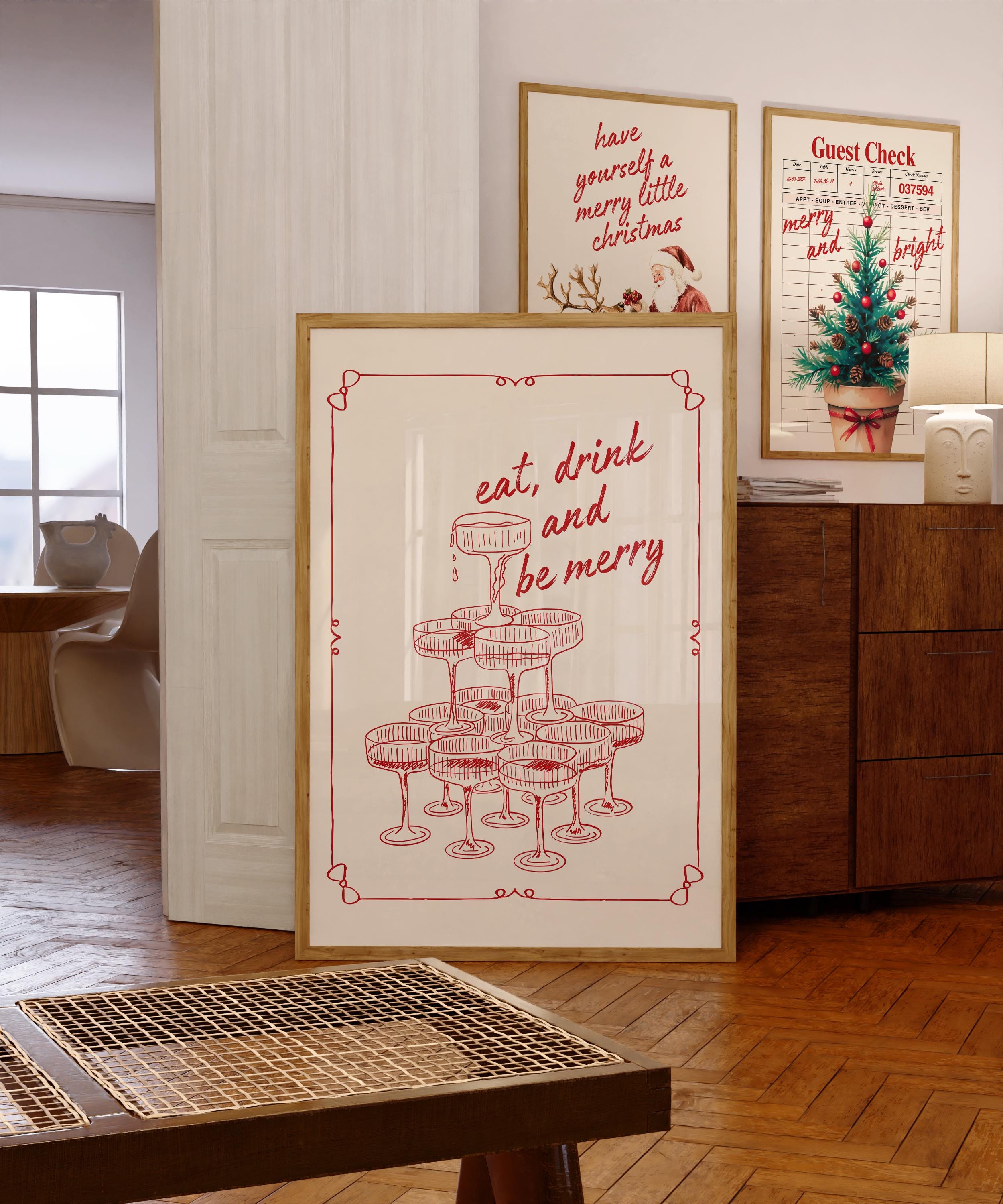Eat Drink and Be Merry Wall Art, Retro Holiday Poster, Vintage Champagne Tower Print, Christmas Party Decor, Festive Kitchen Printable