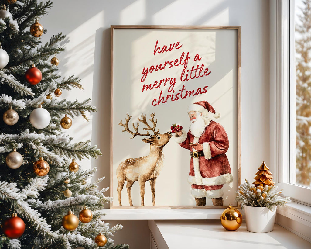 Vintage Christmas Wall Art, Santa Claus Reindeer Print Retro Holiday Poster Merry Little Christmas Decoration Festive Home Gift DIGITAL