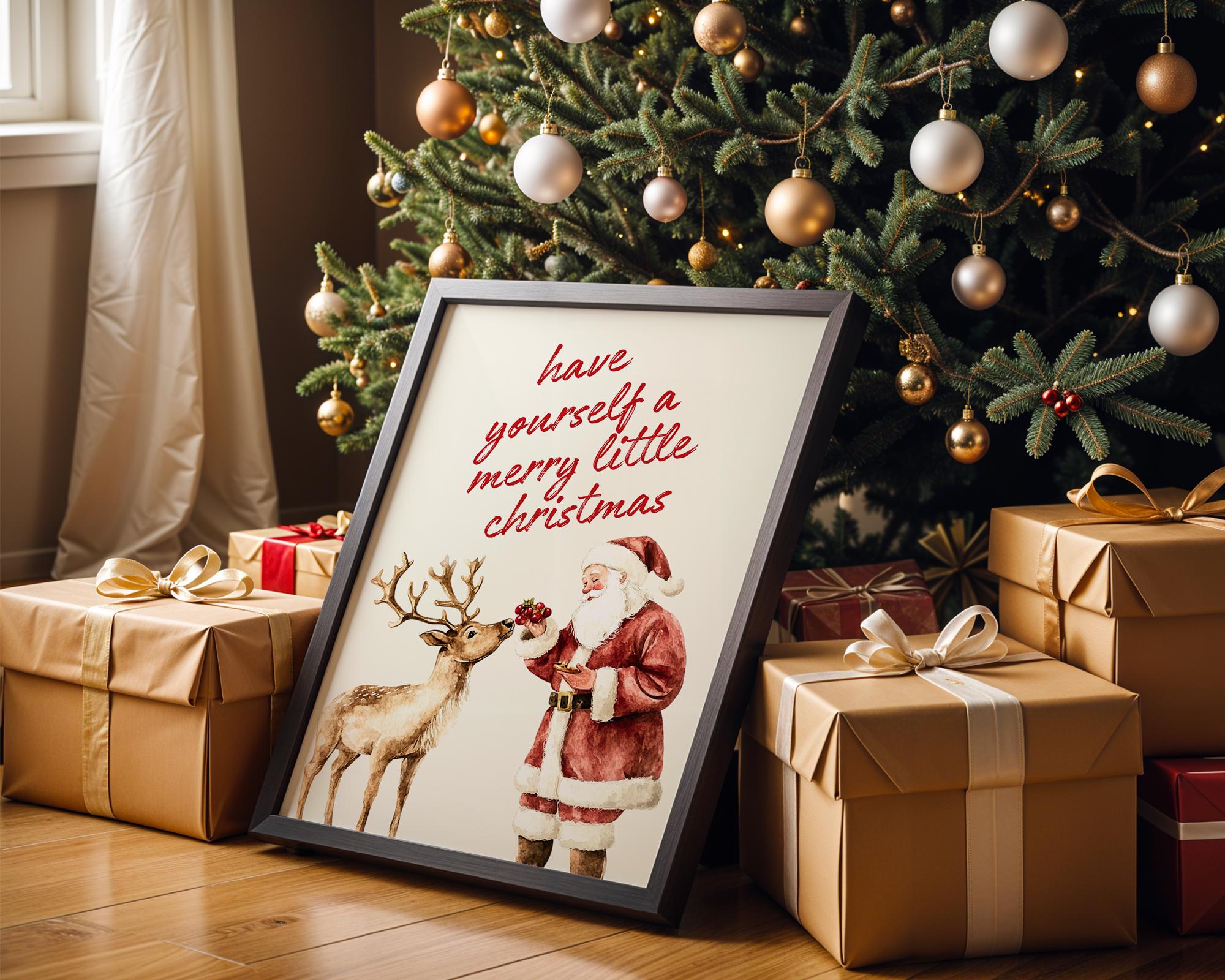 Vintage Christmas Wall Art, Santa Claus Reindeer Print Retro Holiday Poster Merry Little Christmas Decoration Festive Home Gift DIGITAL