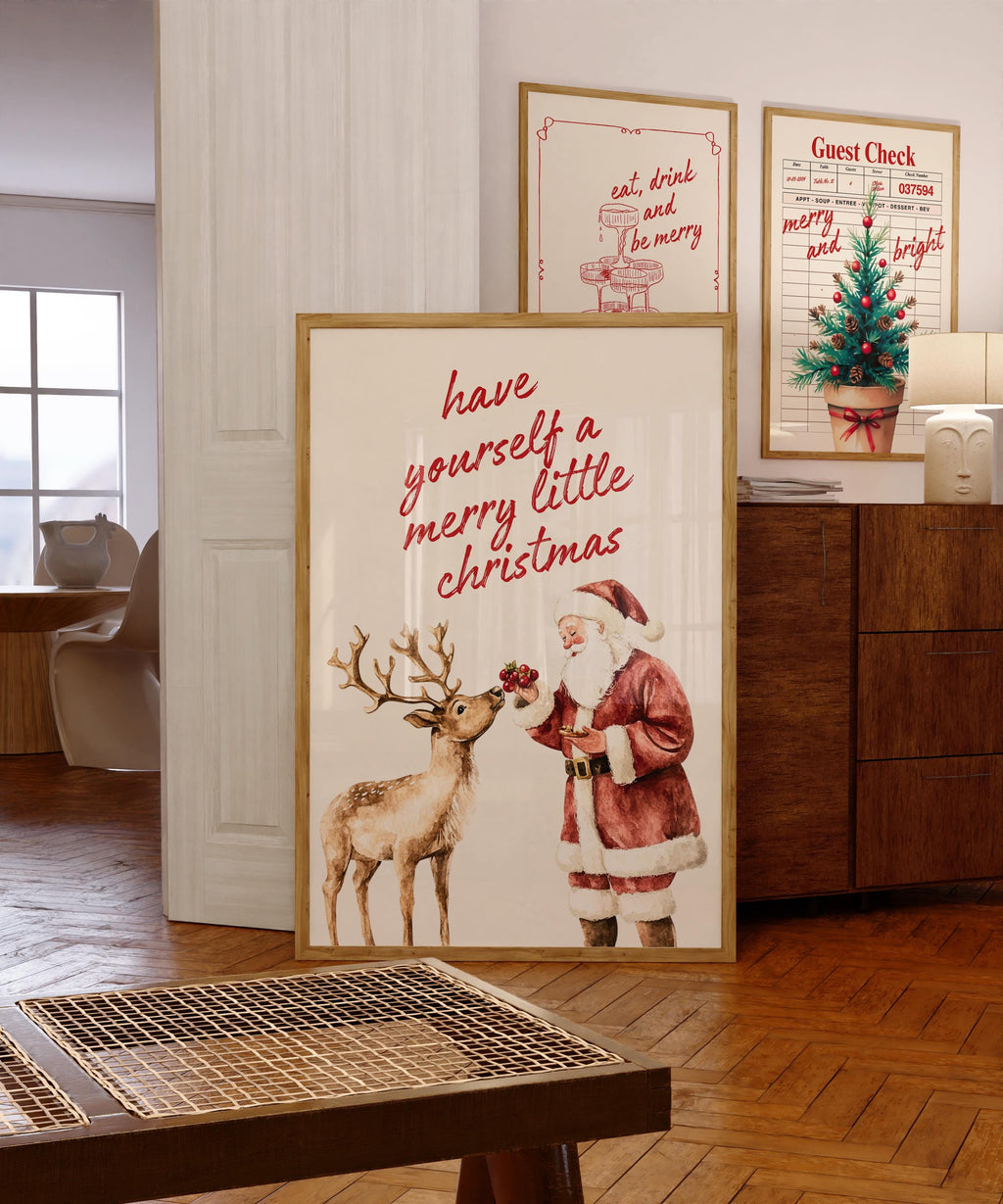Vintage Christmas Wall Art, Santa Claus Reindeer Print Retro Holiday Poster Merry Little Christmas Decoration Festive Home Gift DIGITAL
