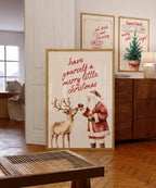 Vintage Christmas Wall Art, Santa Claus Reindeer Print Retro Holiday Poster Merry Little Christmas Decoration Festive Home Gift DIGITAL