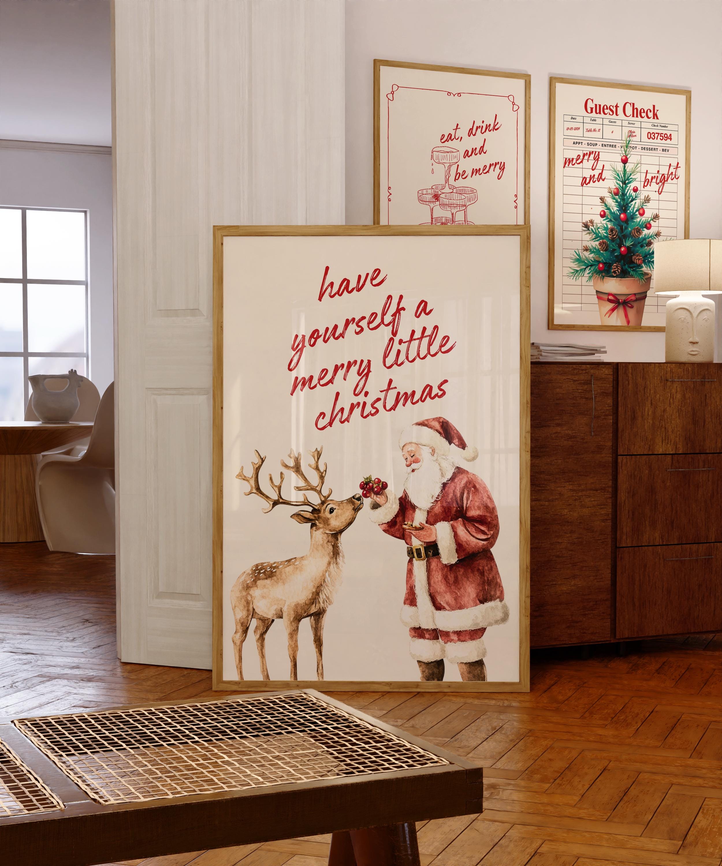 Vintage Christmas Wall Art, Santa Claus Reindeer Print Retro Holiday Poster Merry Little Christmas Decoration Festive Home Gift DIGITAL