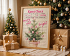 Retro Christmas Wall Art, Pink Guest Check Holiday Print, Vintage Xmas Tree Poster, Merry and Bright Kitchen Decor Festive Home Printable